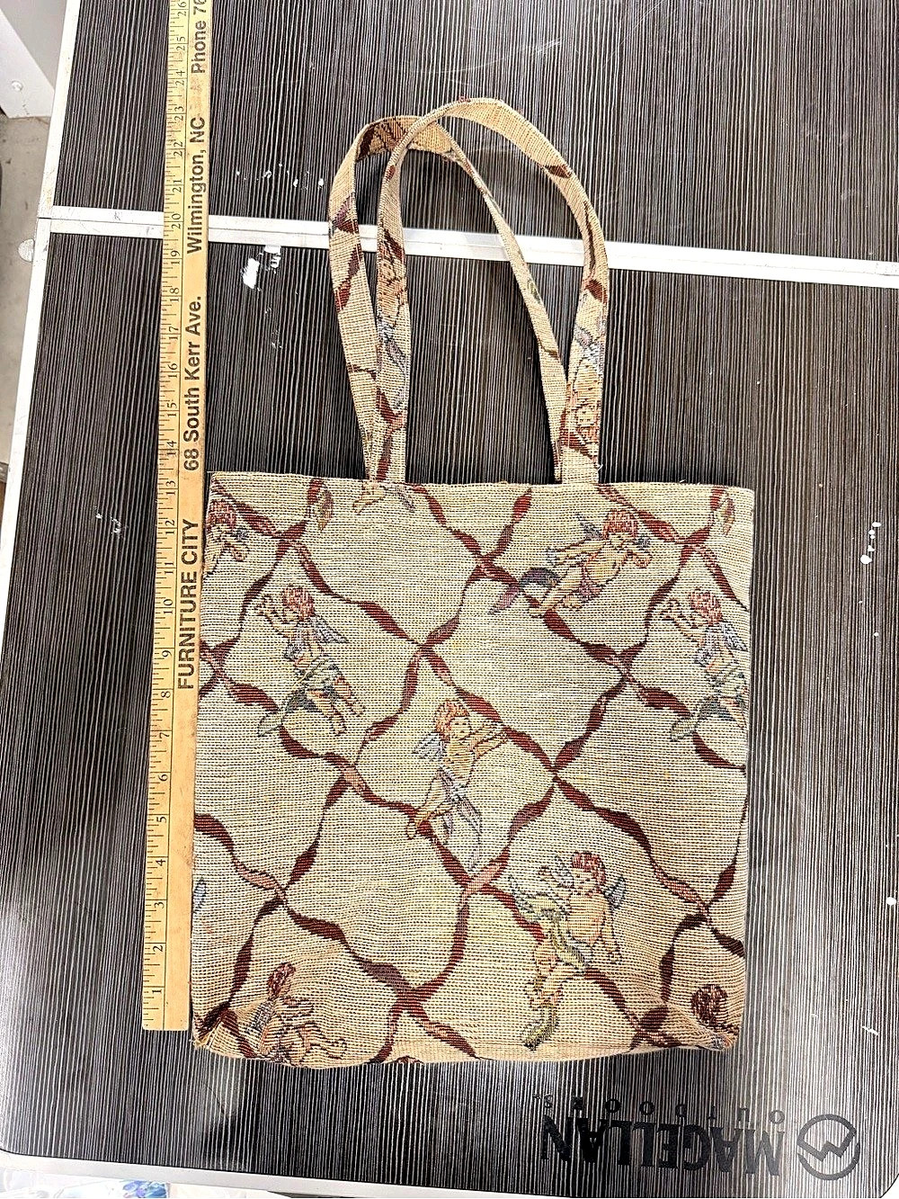 Vintage Cherub Tapestry Tote Bag in Beige & Brown